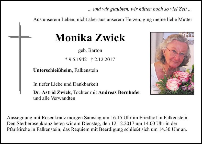 Traueranzeige Monika Zwick