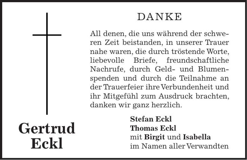 Traueranzeige Gertrud Eckl