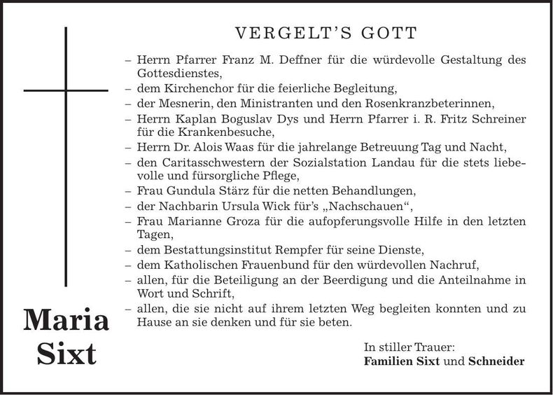 Traueranzeige Maria Sixt