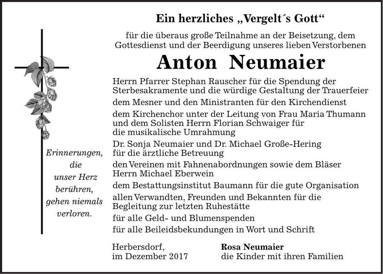 Traueranzeige Anton Neumaier