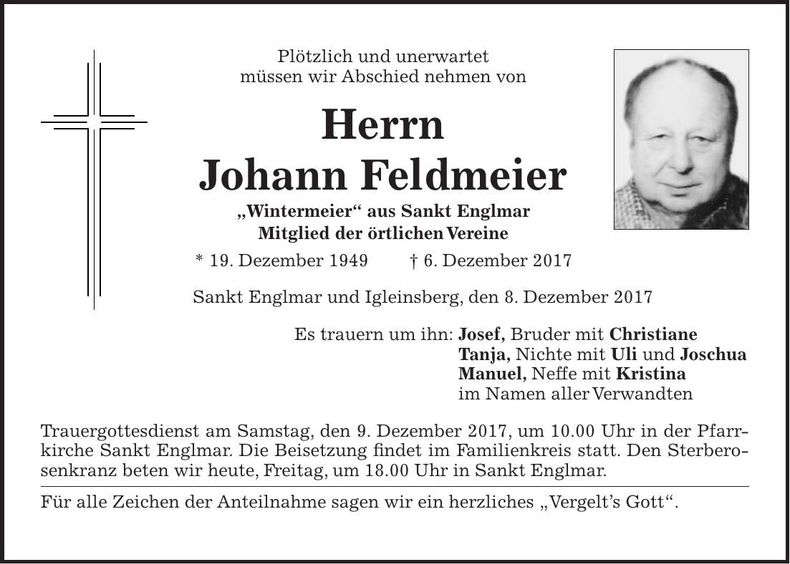Traueranzeige Feldmeier Johann