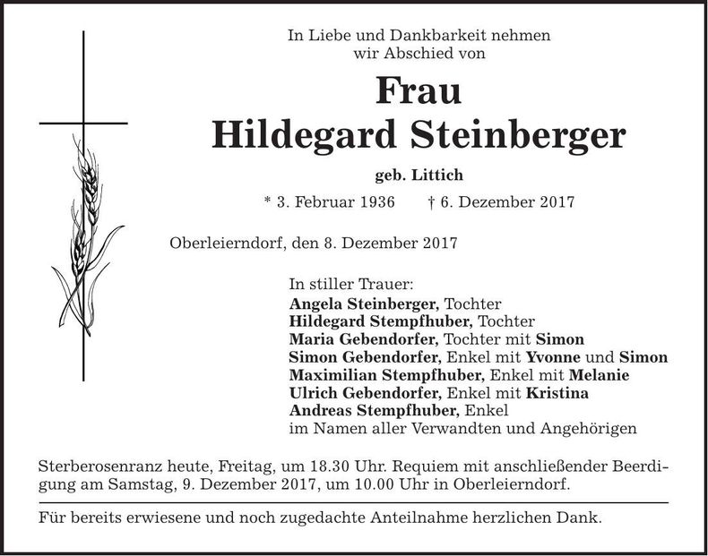 Traueranzeige Hildegard Steinberger
