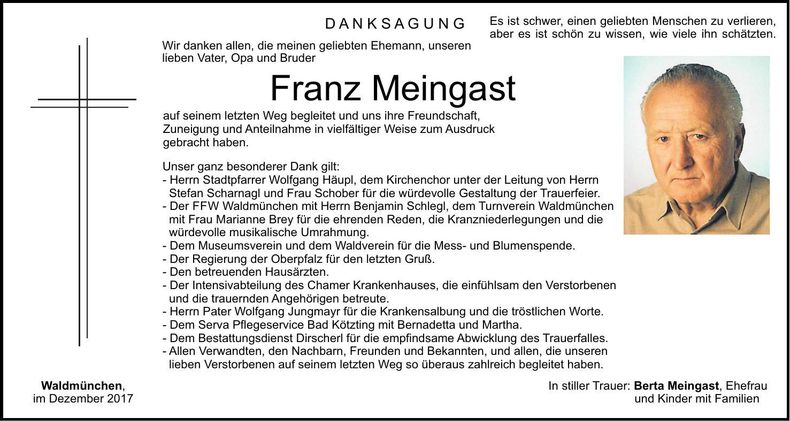 Traueranzeige Franz Meingast
