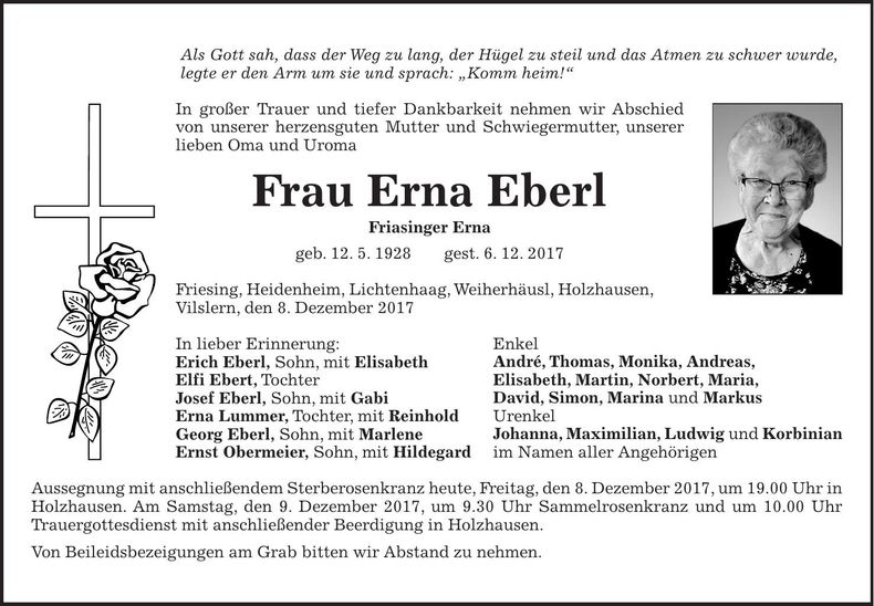 Traueranzeige Erna Eberl