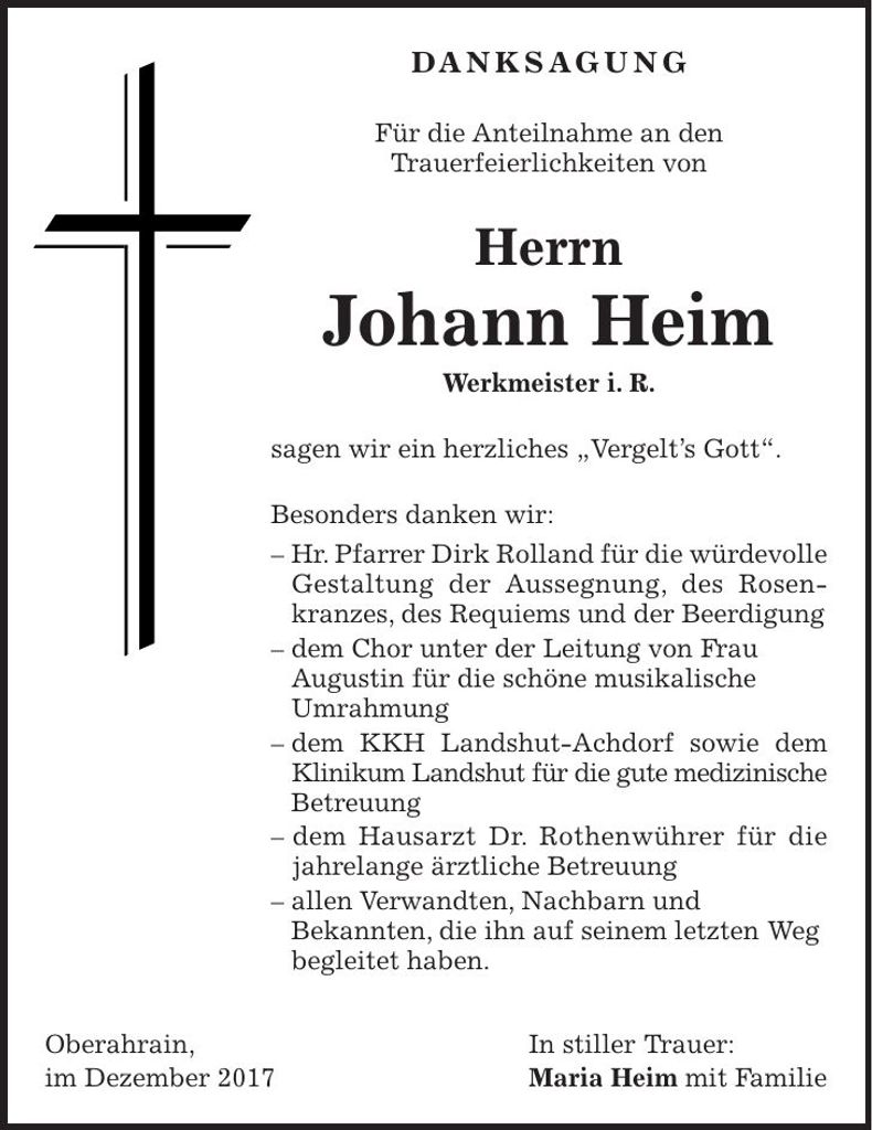 Traueranzeige Johann Heim