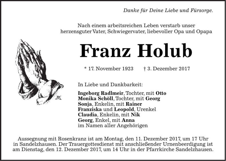 Traueranzeige Franz Holub