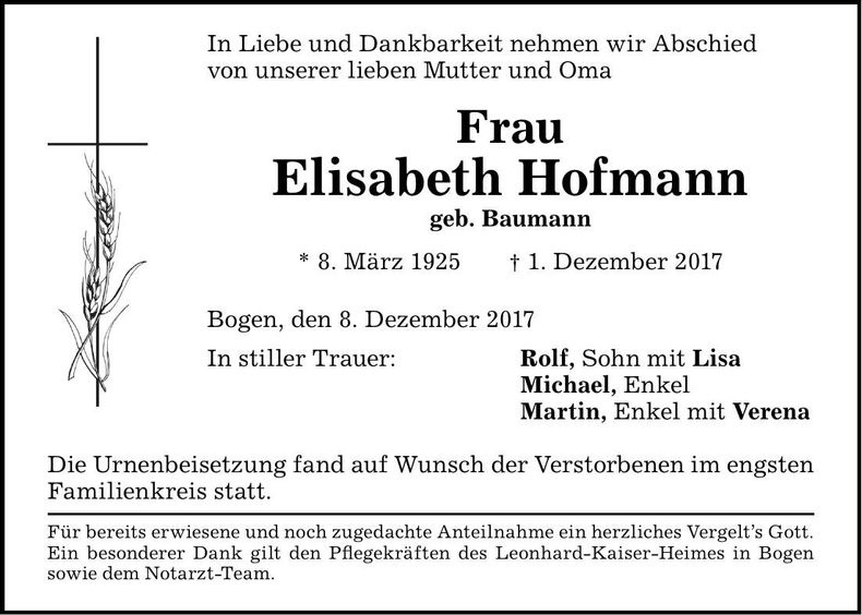 Traueranzeige Elisabeth Hofmann