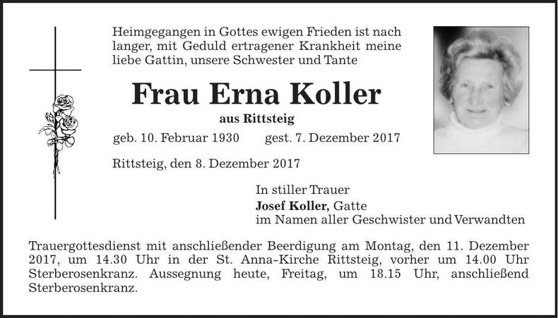 Traueranzeige Êrna Koller
