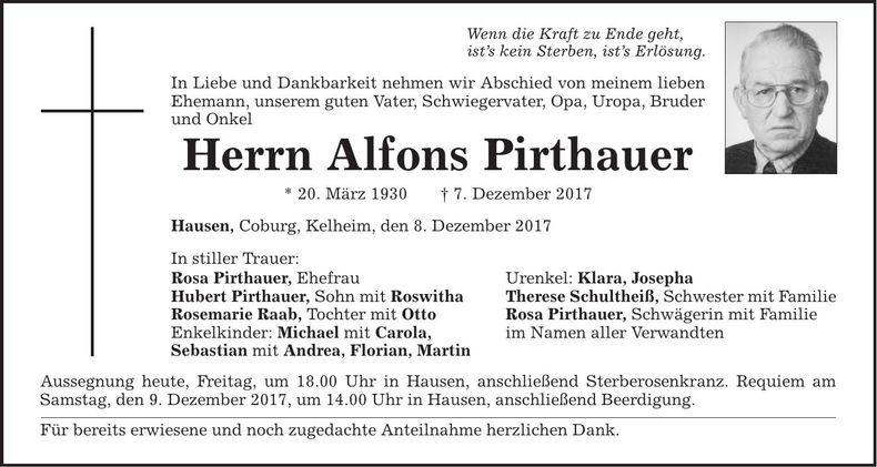 Traueranzeige Alfons Pirthauer