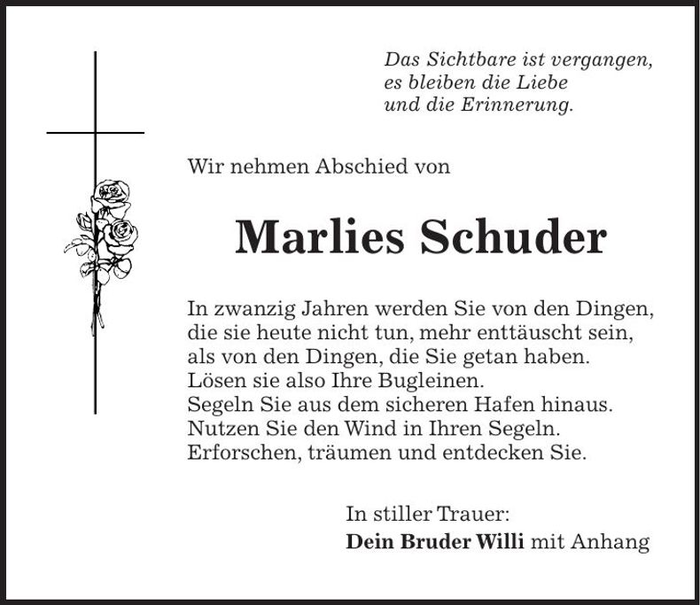 Traueranzeige Marlies Schueder