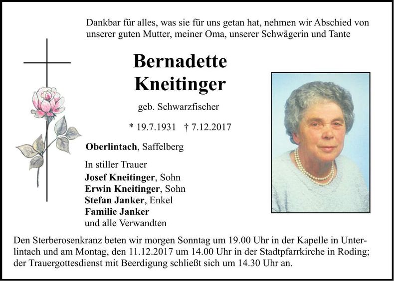 Traueranzeige Bernadette Kneitinger