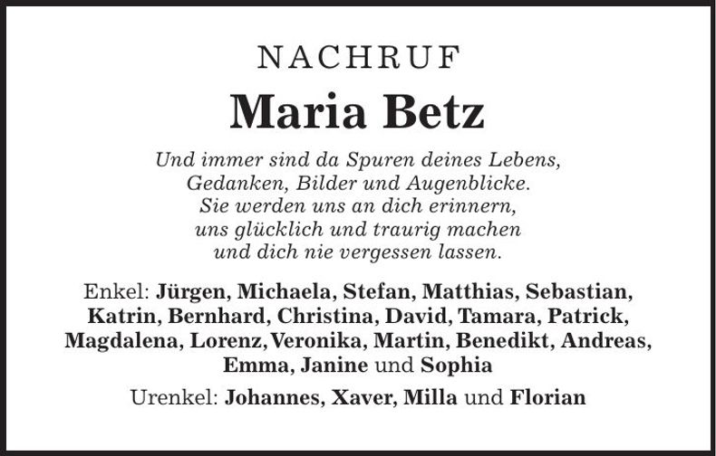 Traueranzeige Maria Betz