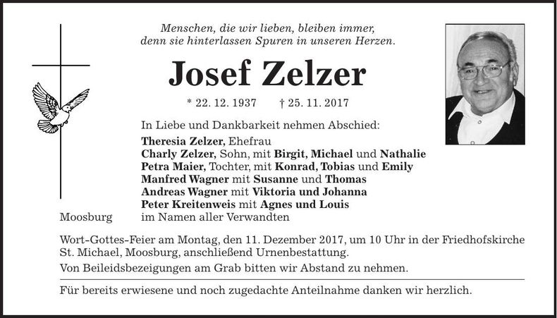 Traueranzeige Josef Zelzer