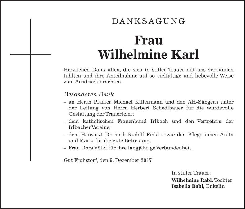 Traueranzeige Wilhelmine Karl