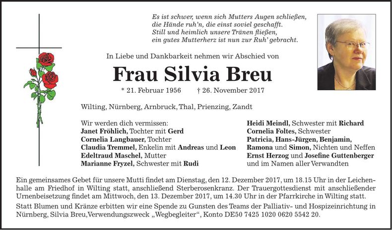 Traueranzeige Silvia Breu