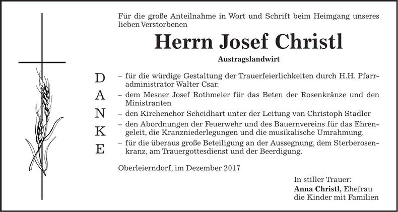 Traueranzeige Josef Christl