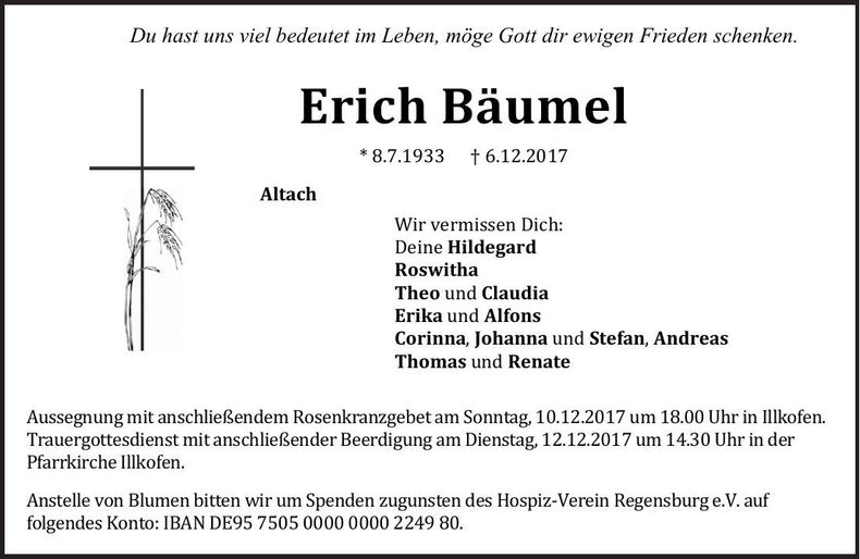 Traueranzeige Erich Bäumel