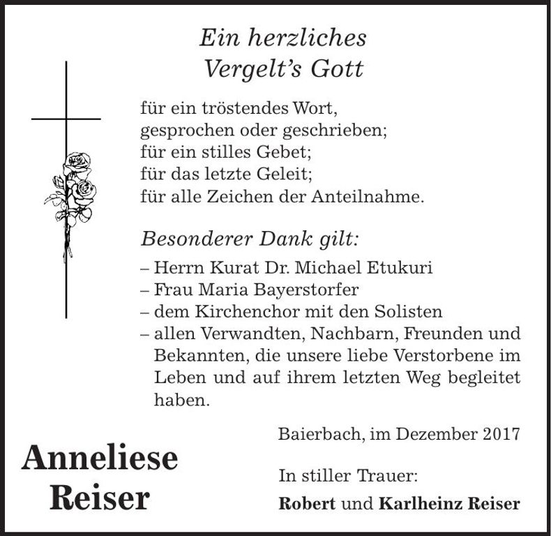 Traueranzeige Anneliese Reiser