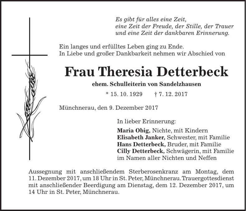 Traueranzeige Theresia Detterbeck