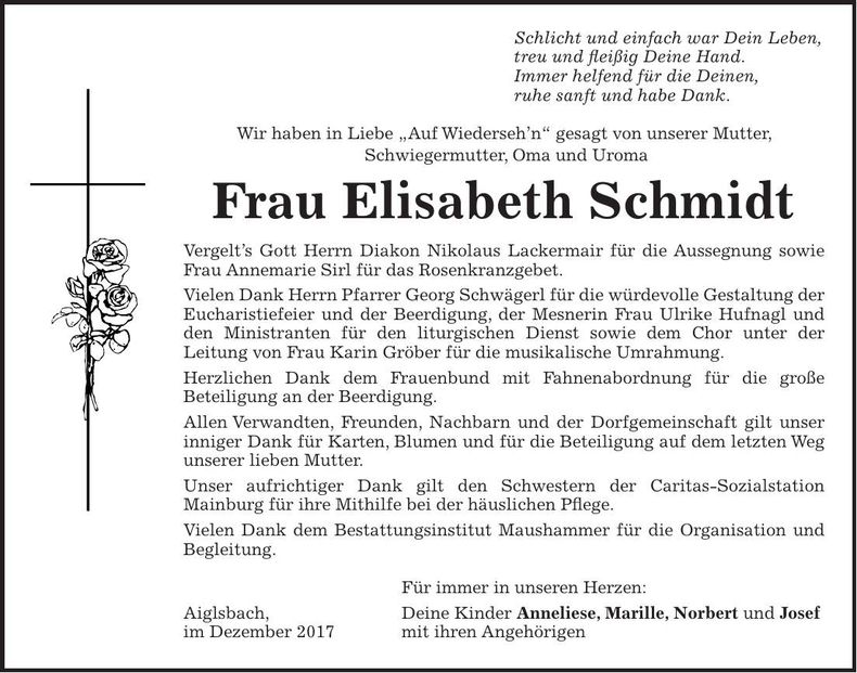 Traueranzeige Elisabeth Schmidt