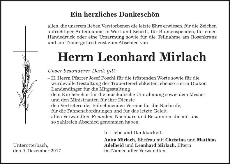 Traueranzeige Leonhard Mirlach