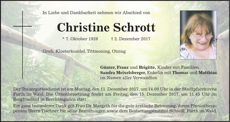 Traueranzeige Christine Schrott