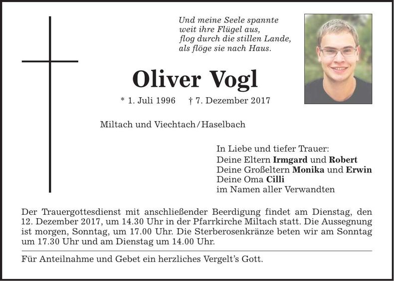 Traueranzeige Oliver Vogl