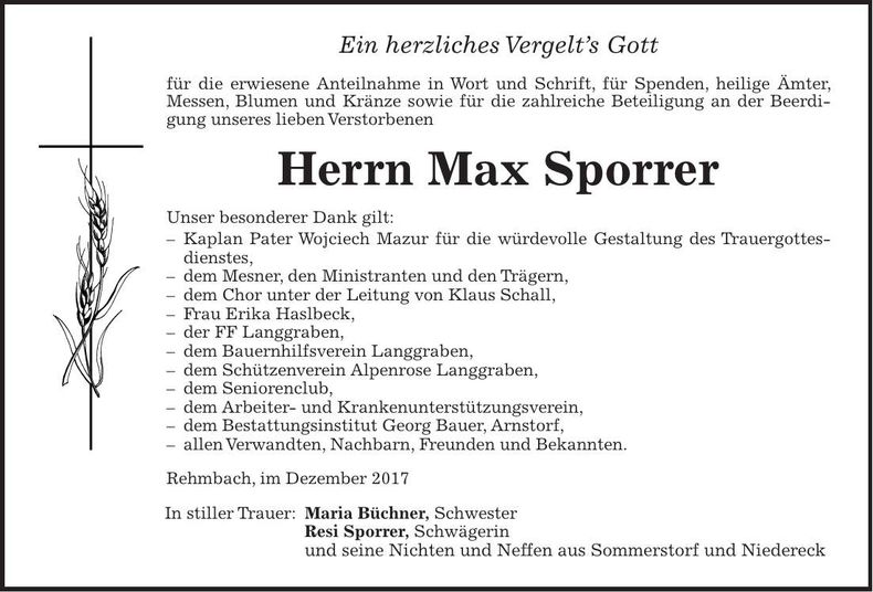 Traueranzeige Max Sporre