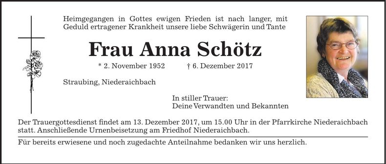 Traueranzeige Anna Schötz
