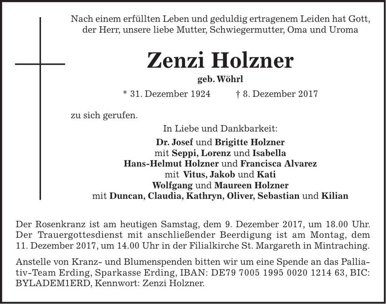 Traueranzeige Zenzi Holzner