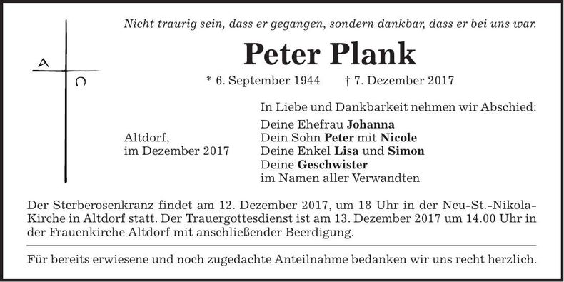 Traueranzeige Peter Plank
