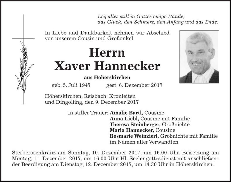 Traueranzeige Xaver Hannecker