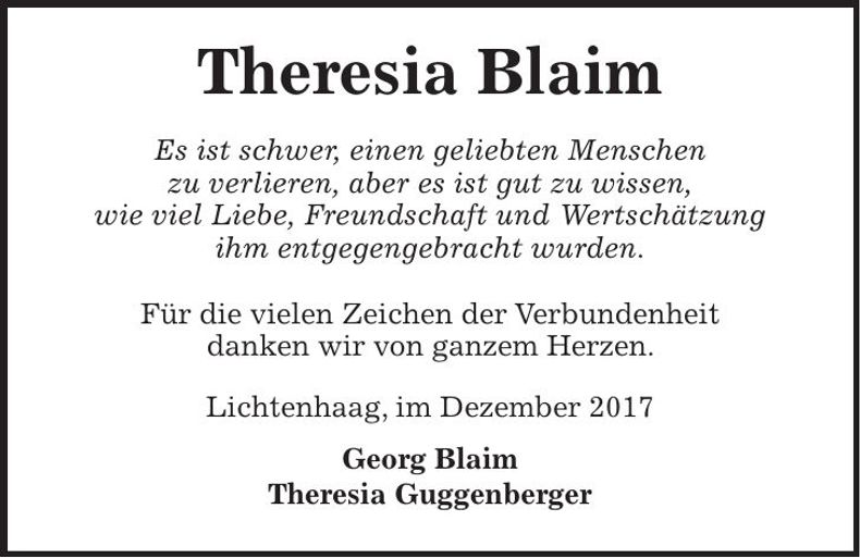 Traueranzeige Theresia Blaim