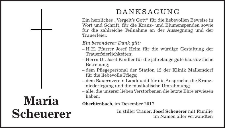 Traueranzeige Maria Scheuerer