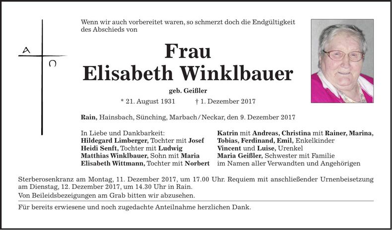 Traueranzeige Elsiabeth Winklbauer