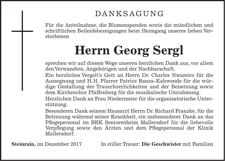 Traueranzeige Georg Sergl