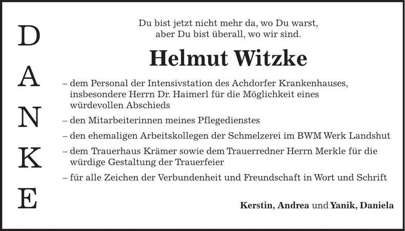 Traueranzeige Helmut Witzke