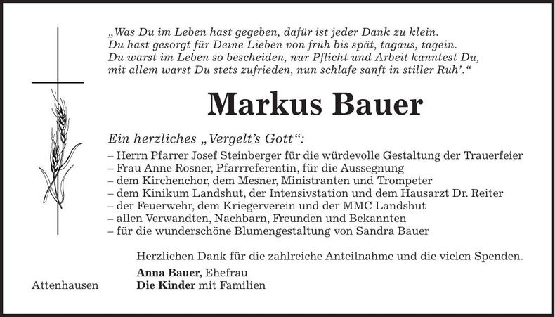 Traueranzeige Markus Bauer
