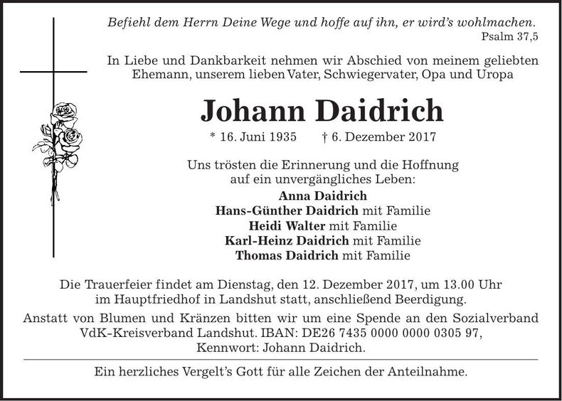 Traueranzeige Johann Daidrich
