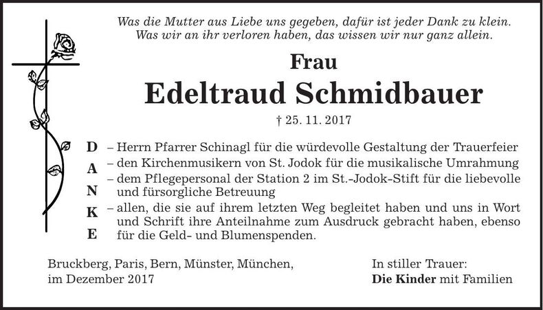 Traueranzeige Edeltraud Schmidbauer