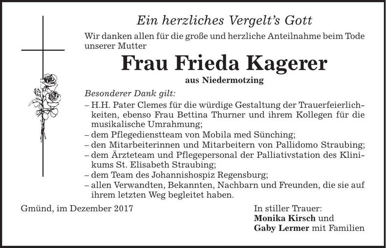 Traueranzeige Frieda Kagerer