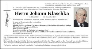 Traueranzeige Johann Klaschka