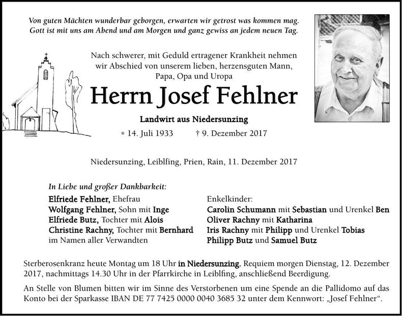 Traueranzeige Josef Fehlner