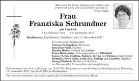 Traueranzeige Franziska Schrundner
