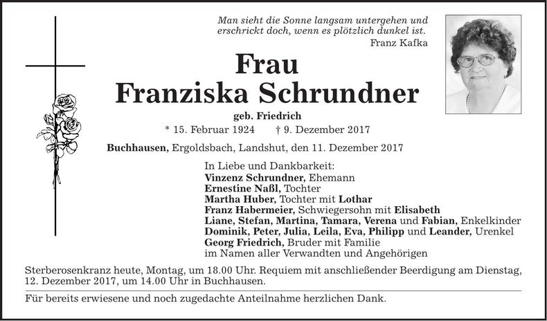 Traueranzeige Franziska Schrundner
