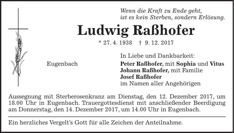 Traueranzeige Ludwig Raßhofer