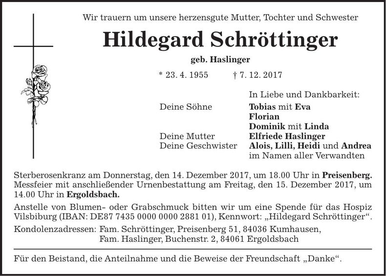 Traueranzeige Hildegard Schröttinger