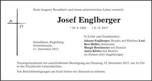Traueranzeige Josef Englberger