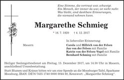 Traueranzeige Margarethe Schmieg