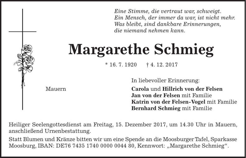 Traueranzeige Margarethe Schmieg